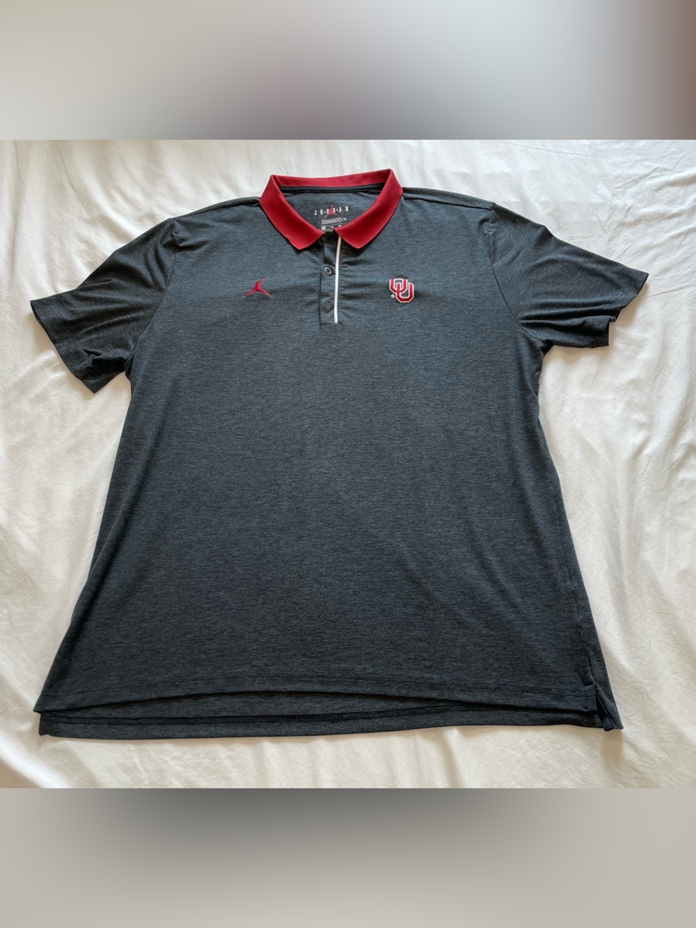 Jordan Men’s Charcoal Polo with Red Collar and Logo University of Oklahoma  OU